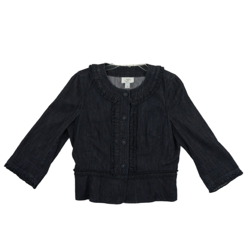 Ann Taylor LOFT Cropped Denim Jacket Women's Size 10P Petite Dark Wash Ruffle